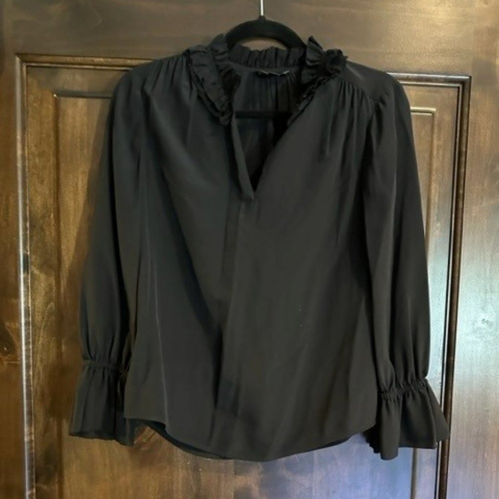 J.Crew 0 petite black silk ruffle lone sleeve blouse